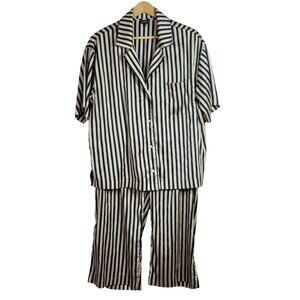 Soma Sensual Satin Striped Pajama Set Tan Black XL Long Pants Short Sleeve 2 PC